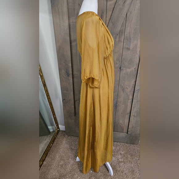 KING KONG Silk Blend Sheen Maxi Boho Flowy Sleeve Dress. Mustard. Size Medium - Picture 9 of 15